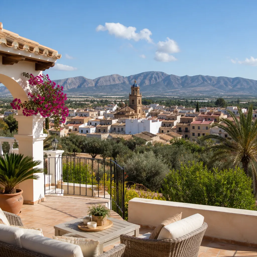 Editorial hero image for a Spanish property content hub article. Topic: Buying Property in Albatera, Spain: A Comprehensive Guide. Town: albatera. Elegant Mediterranean real estate lifestyle, bright natural light, no text, no logos.