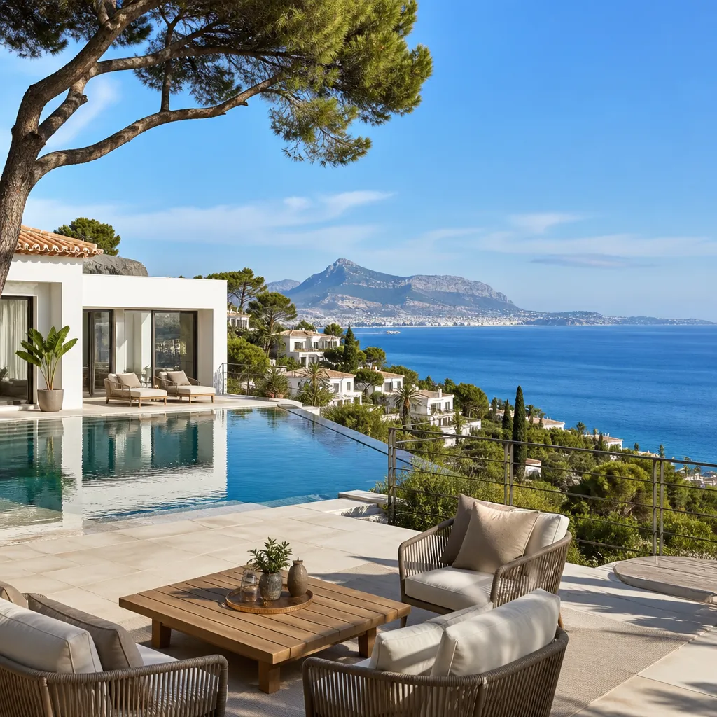 Editorial hero image for a Spanish property content hub article. Topic: Buying Property in Altea Hills, Spain: A Comprehensive Guide. Town: altea-hills. Elegant Mediterranean real estate lifestyle, bright natural light, no text, no logos.