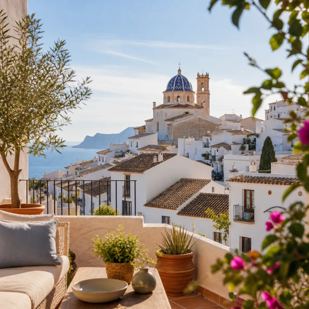 Editorial hero image for a Spanish property content hub article. Topic: Buying Property in Altea Pueblo, Spain: A Comprehensive Guide. Town: altea-pueblo. Elegant Mediterranean real estate lifestyle, bright natural light, no text, no logos.