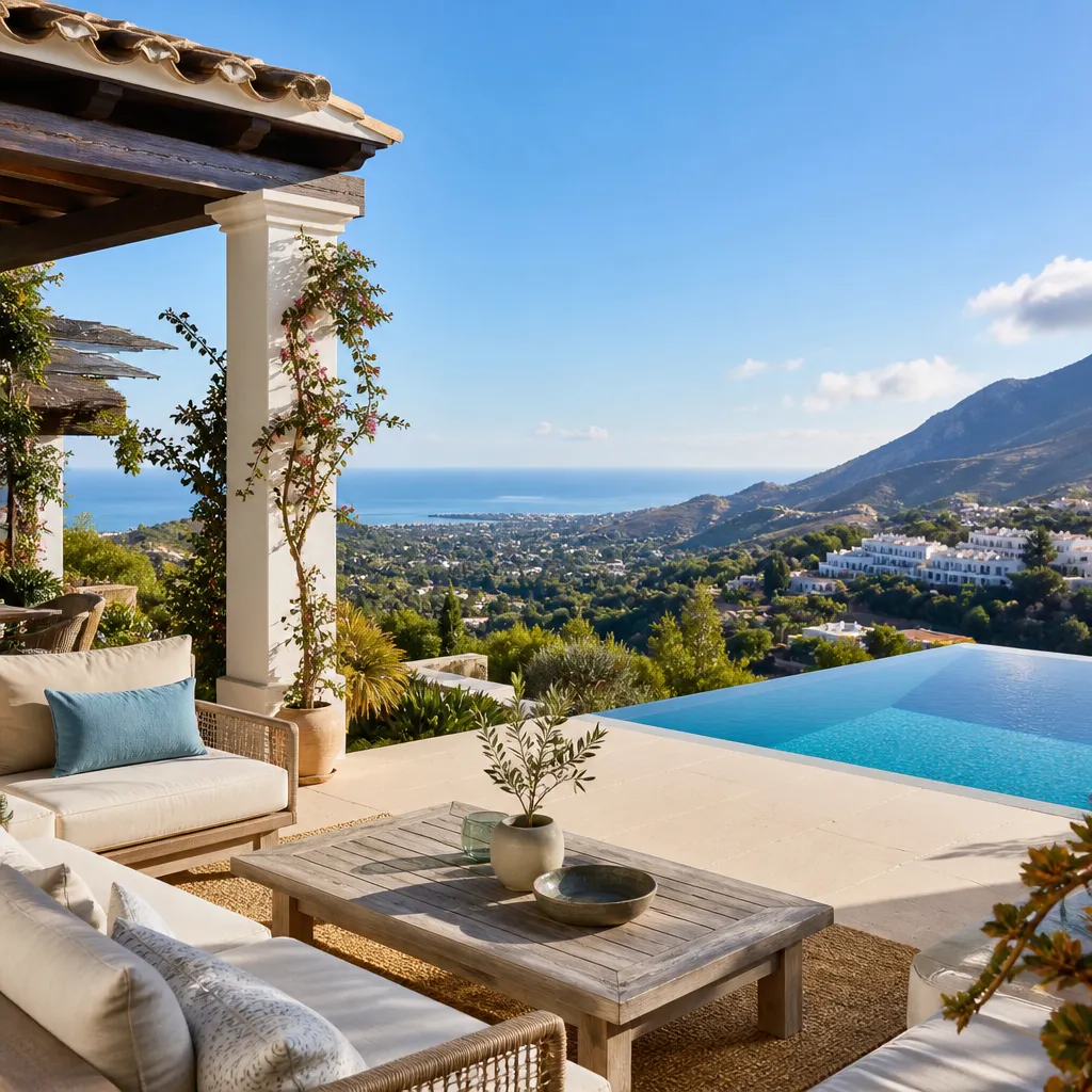 Editorial hero image for a Spanish property content hub article. Topic: Buying Property in Benahavis, Spain: A Comprehensive Guide. Region: costa-del-sol. Town: benahavis. Elegant Mediterranean real estate lifestyle, bright natural light, no text, no logos.