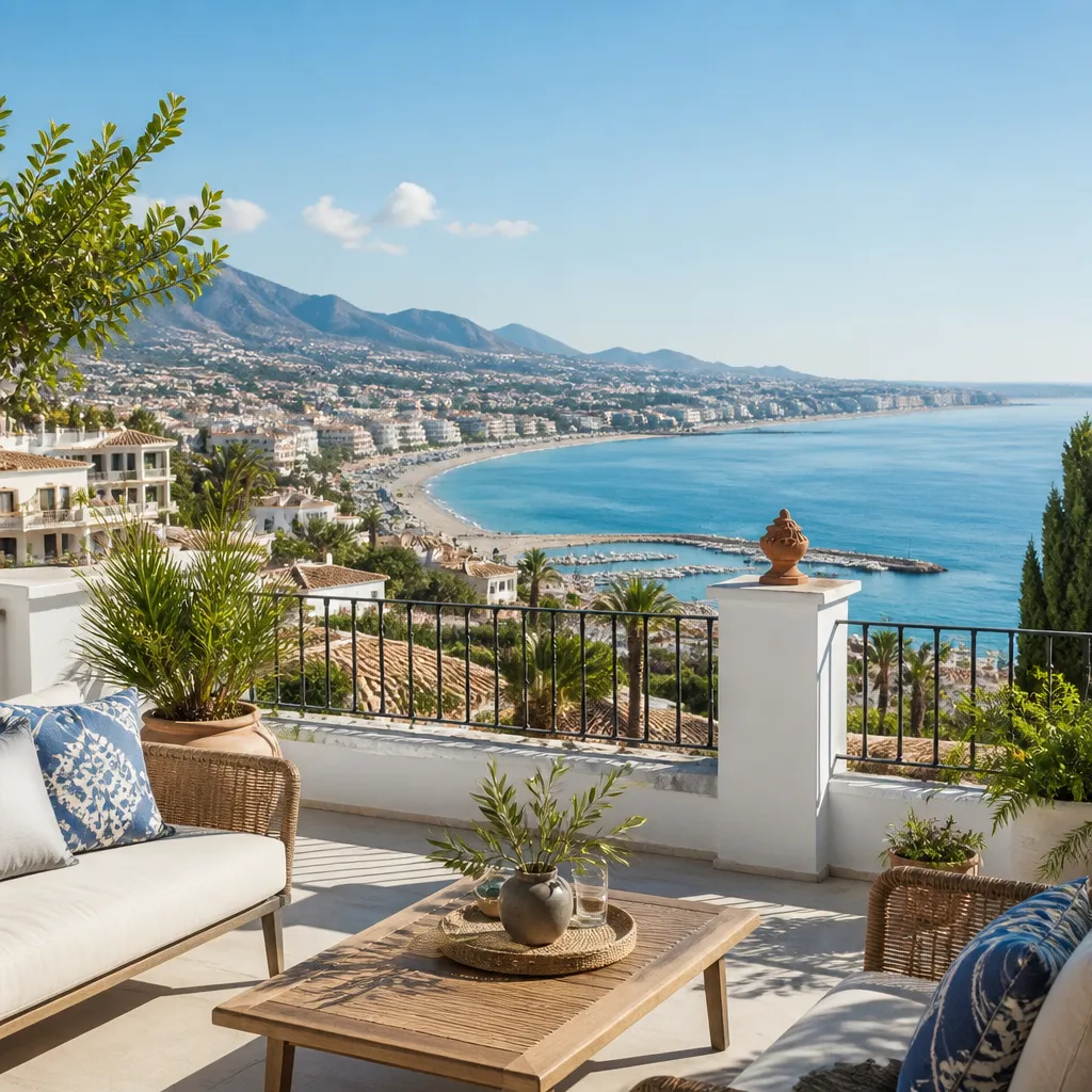 Editorial hero image for a Spanish property content hub article. Topic: Buying Property in Benalmádena, Spain: Your Comprehensive Guide. Region: costa-del-sol. Town: benalmadena. Elegant Mediterranean real estate lifestyle, bright natural light, no text, no logos.