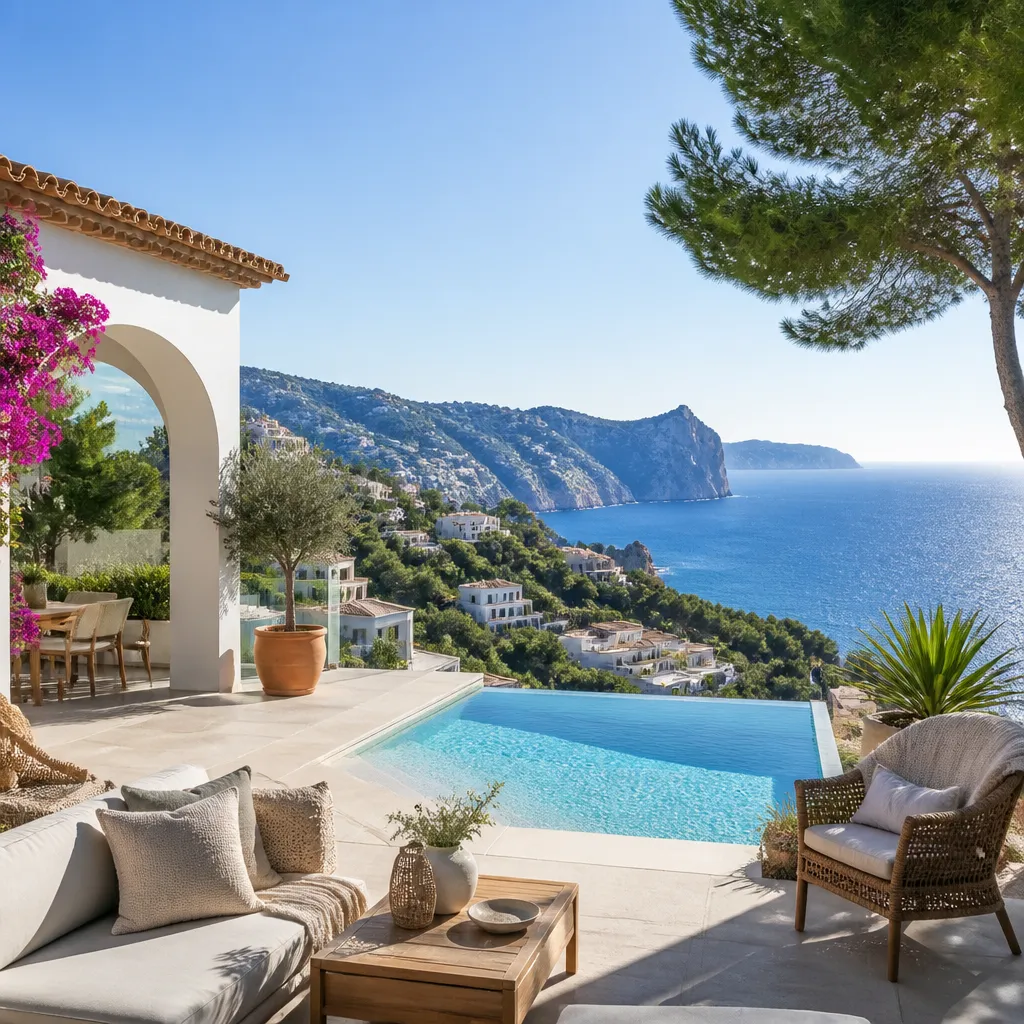 Editorial hero image for a Spanish property content hub article. Topic: Buying Property in Benitachell, Spain: A Comprehensive Guide. Region: costa-blanca. Town: benitachell. Elegant Mediterranean real estate lifestyle, bright natural light, no text, no logos.