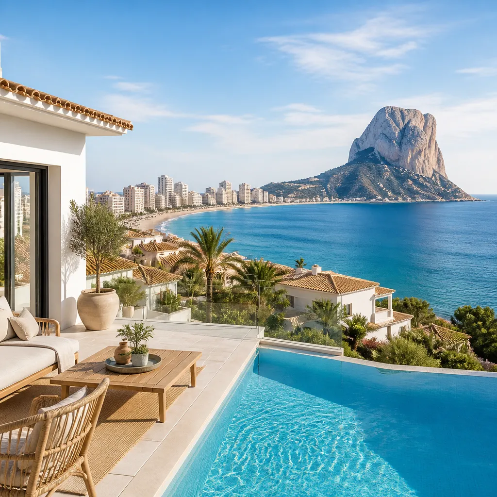 Editorial hero image for a Spanish property content hub article. Topic: Buying Property in Calp, Spain: A Comprehensive Guide. Town: calp. Elegant Mediterranean real estate lifestyle, bright natural light, no text, no logos.