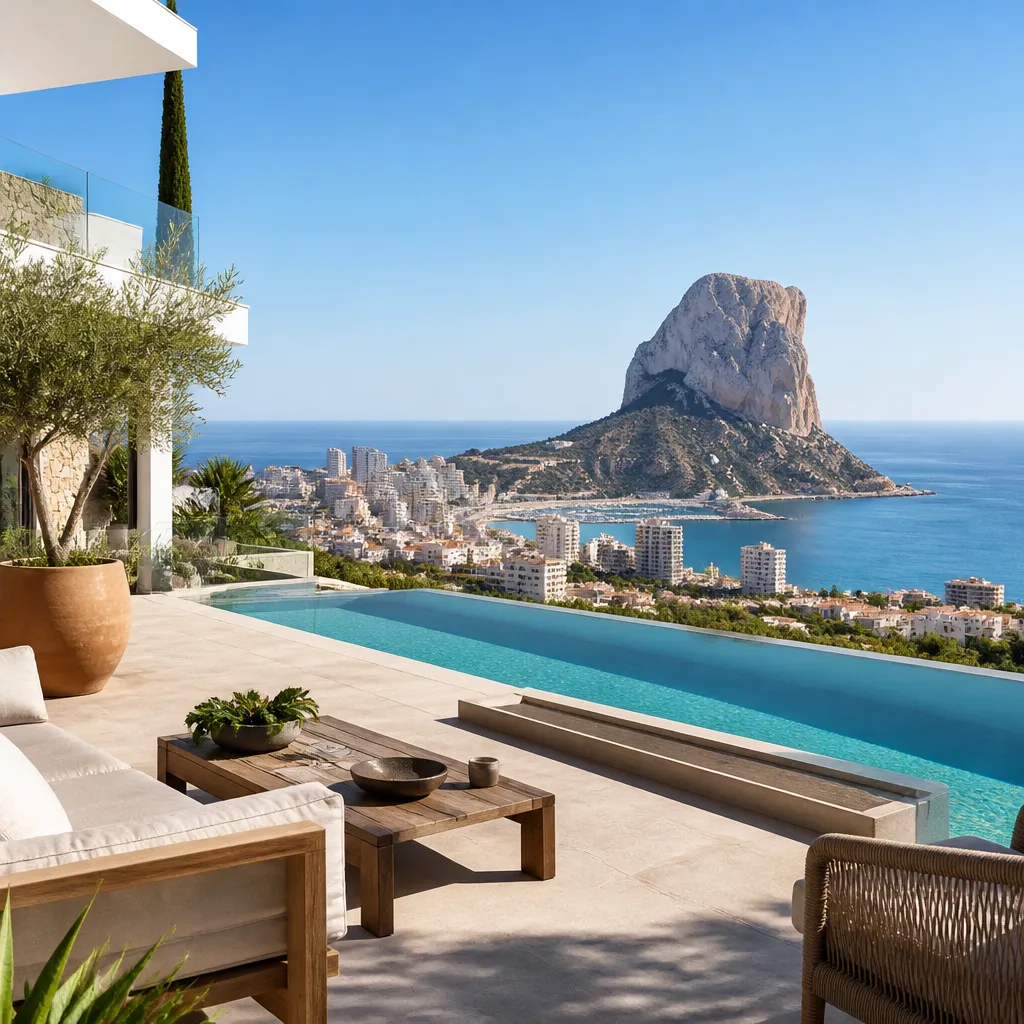 Editorial hero image for a Spanish property content hub article. Topic: Buying Property in Calpe, Spain: A Comprehensive Guide. Town: calpe. Elegant Mediterranean real estate lifestyle, bright natural light, no text, no logos.