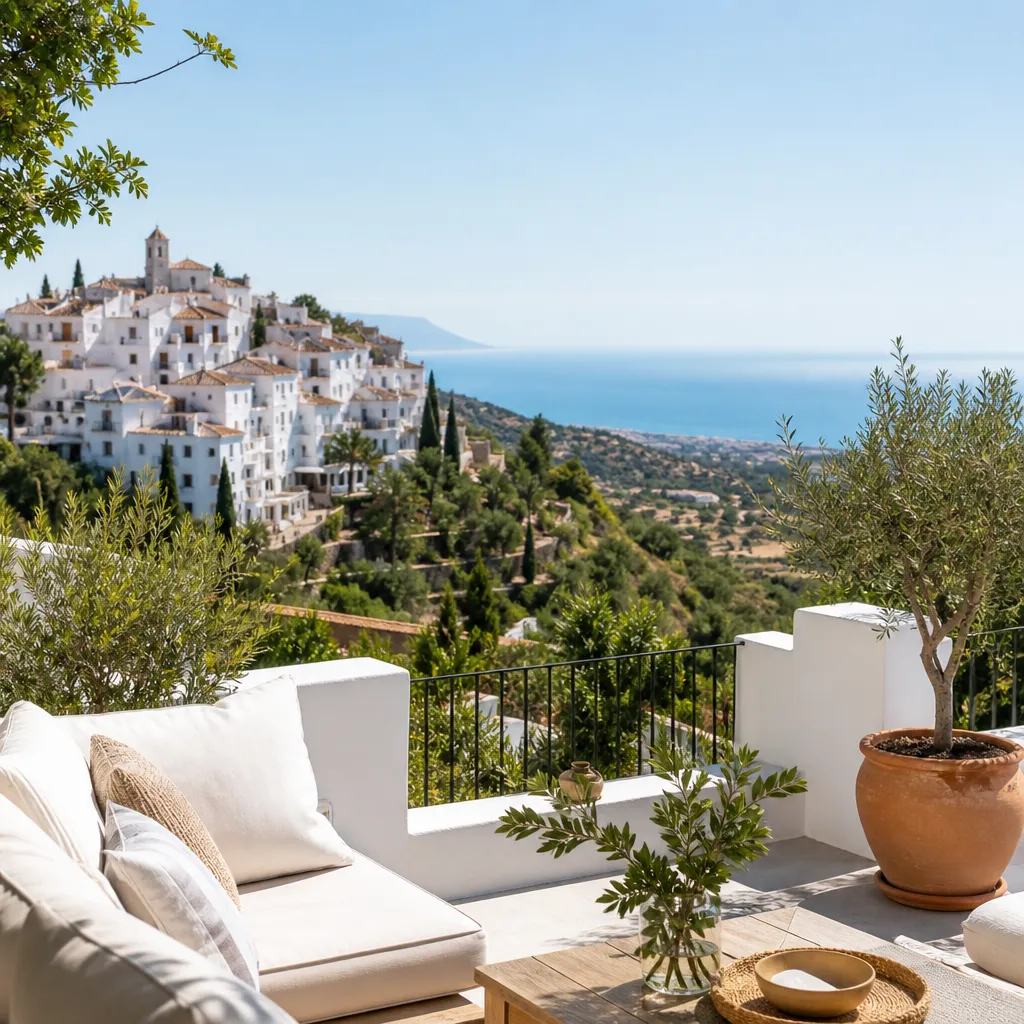 Editorial hero image for a Spanish property content hub article. Topic: Buying Property in Casares, Spain: Your Complete Guide. Town: casares. Elegant Mediterranean real estate lifestyle, bright natural light, no text, no logos.