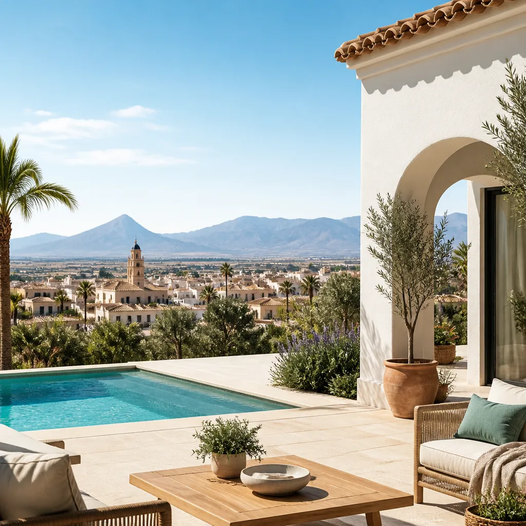Editorial hero image for a Spanish property content hub article. Topic: Buying Property in Catral, Spain: A Comprehensive Guide. Region: costa-blanca. Town: catral. Elegant Mediterranean real estate lifestyle, bright natural light, no text, no logos.