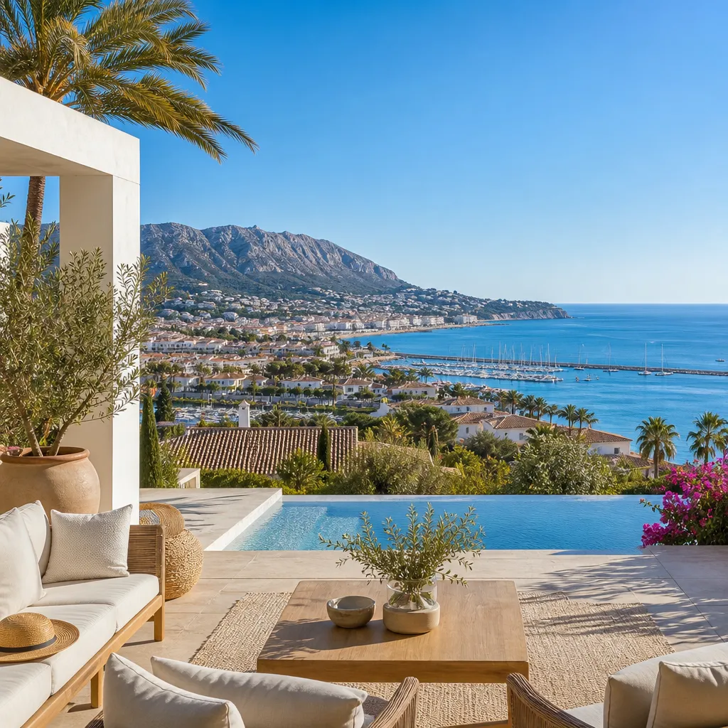 Editorial hero image for a Spanish property content hub article. Topic: Buying Property in Denia, Spain: A Comprehensive Guide. Region: costa-blanca. Town: denia. Elegant Mediterranean real estate lifestyle, bright natural light, no text, no logos.