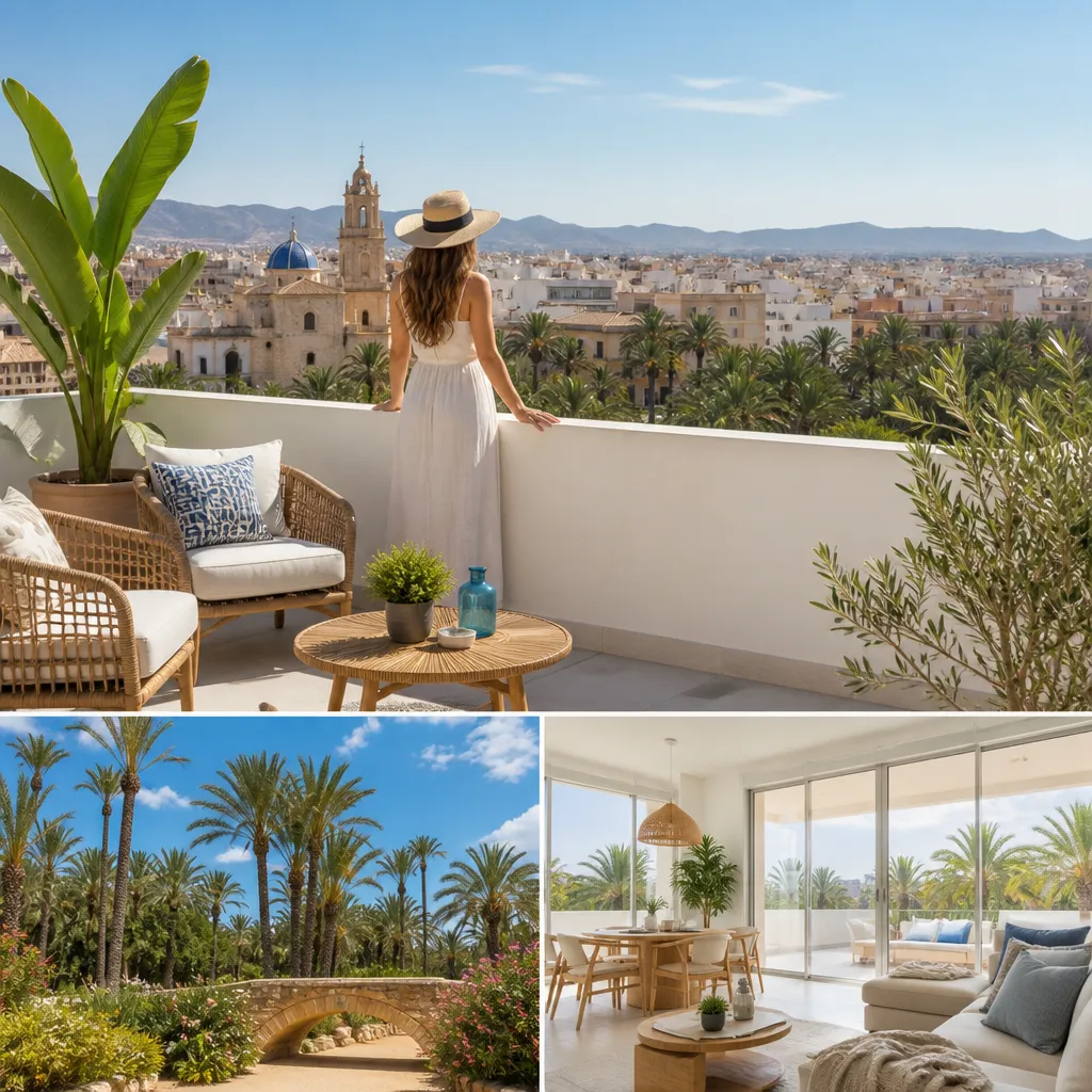 Editorial hero image for a Spanish property content hub article. Topic: Buying Property in Elche, Spain: A Comprehensive Guide. Region: costa-blanca. Town: elche. Elegant Mediterranean real estate lifestyle, bright natural light, no text, no logos.