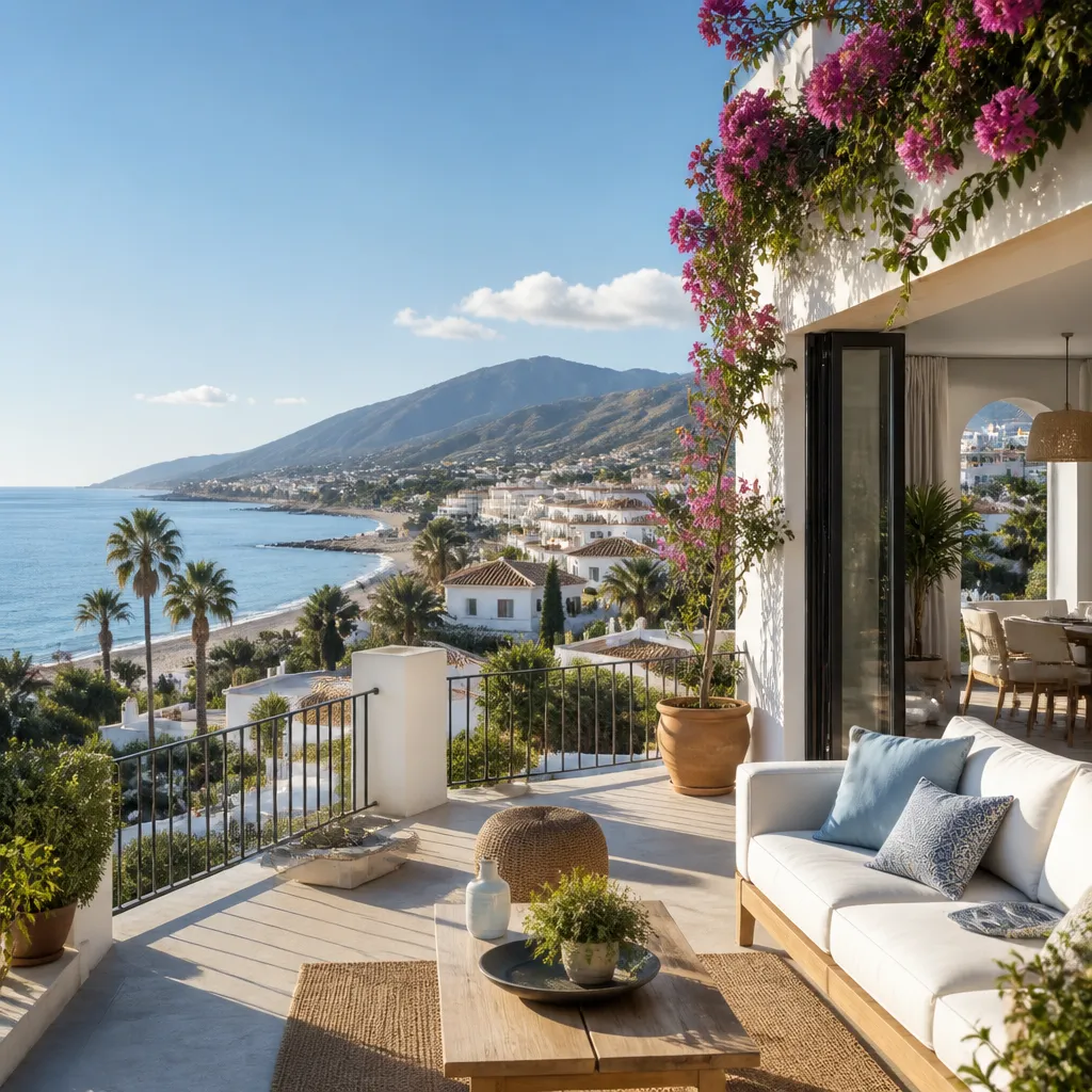 Editorial hero image for a Spanish property content hub article. Topic: Buying Property in Estepona, Spain: Your Comprehensive Guide. Region: costa-del-sol. Town: estepona. Elegant Mediterranean real estate lifestyle, bright natural light, no text, no logos.