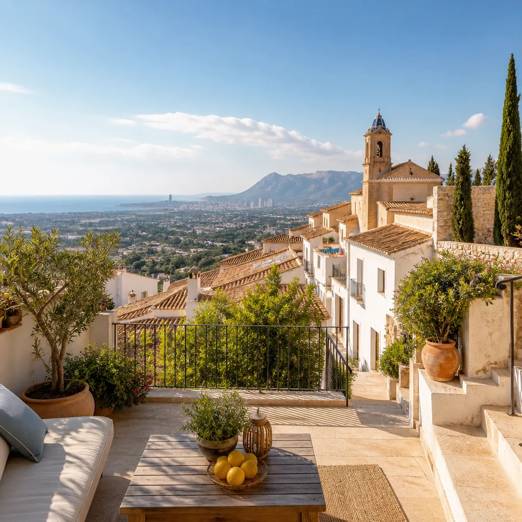 Editorial hero image for a Spanish property content hub article. Topic: Buying Property in Finestrat Pueblo, Spain: A Comprehensive Guide. Region: costa-blanca. Town: finestrat-pueblo. Elegant Mediterranean real estate lifestyle, bright natural light, no text, no logos.