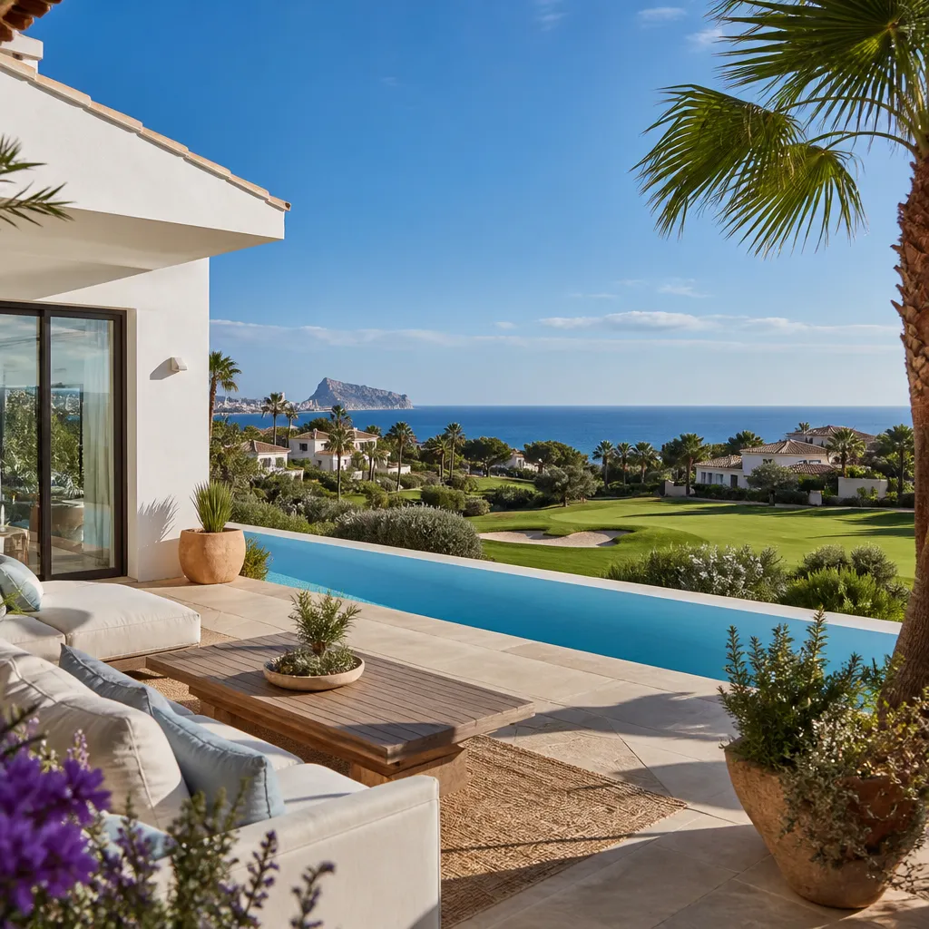 Editorial hero image for a Spanish property content hub article. Topic: Buying Property in Golf Bahia, Spain: Your Comprehensive Guide. Region: costa-blanca. Town: golf-bahia. Elegant Mediterranean real estate lifestyle, bright natural light, no text, no logos.