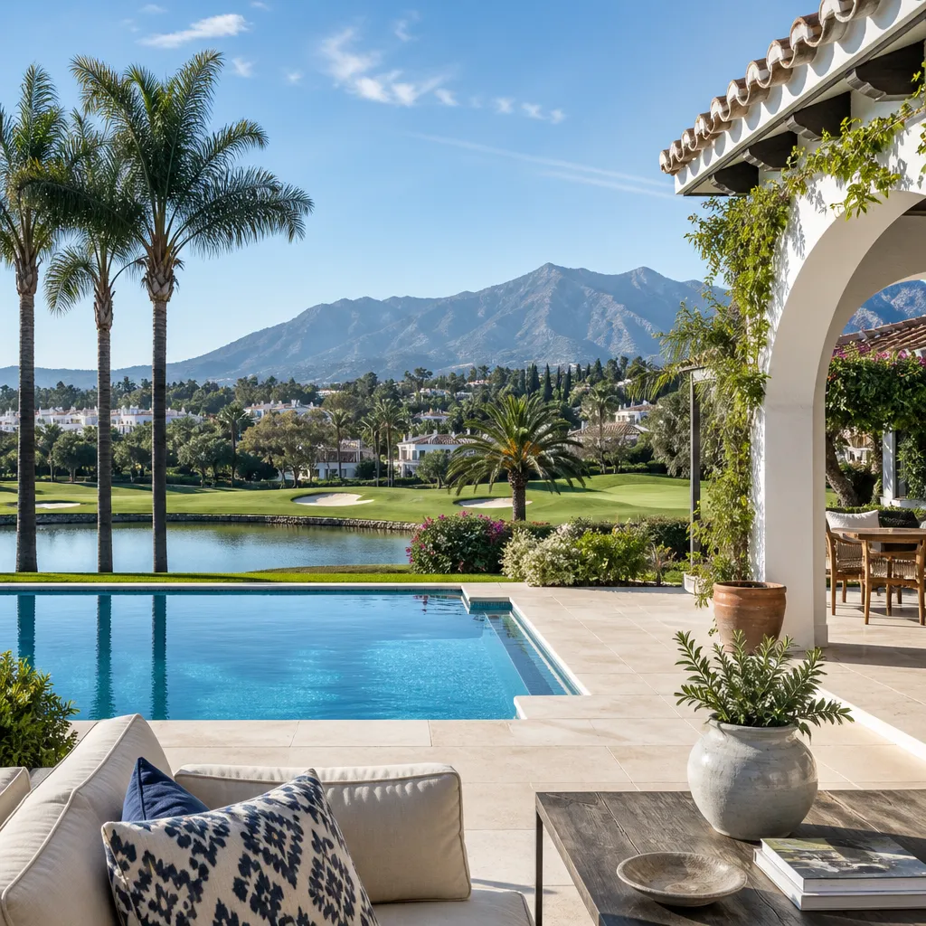 Editorial hero image for a Spanish property content hub article. Topic: A Comprehensive Guide to Buying Property in Guadalmina Baja, Spain. Town: guadalmina-baja. Elegant Mediterranean real estate lifestyle, bright natural light, no text, no logos.
