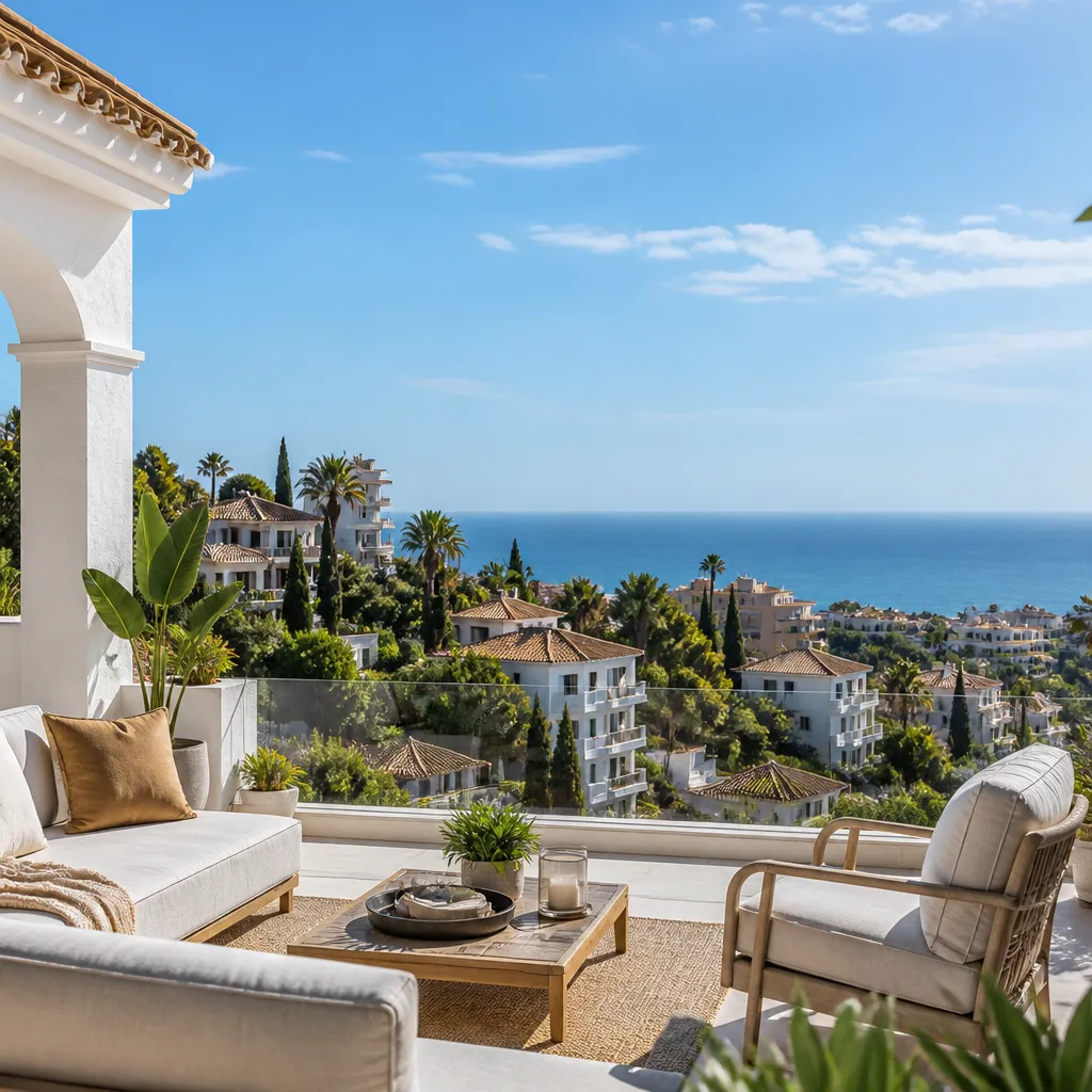 Editorial hero image for a Spanish property content hub article. Topic: Buying Property in Hacienda Torrequebrada, Spain: A Comprehensive Guide. Town: hacienda-torrequebrada. Elegant Mediterranean real estate lifestyle, bright natural light, no text, no logos.