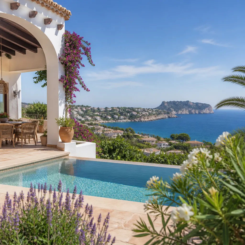 Editorial hero image for a Spanish property content hub article. Topic: The Ultimate Guide to Buying Property in Javea, Spain. Region: costa-blanca. Town: javea. Elegant Mediterranean real estate lifestyle, bright natural light, no text, no logos.