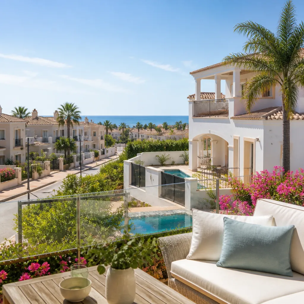 Editorial hero image for a Spanish property content hub article. Topic: Buying Property in La Cinuelica Villa Rosa, Spain: A Comprehensive Guide. Town: la-cinuelica-villa-rosa. Elegant Mediterranean real estate lifestyle, bright natural light, no text, no logos.