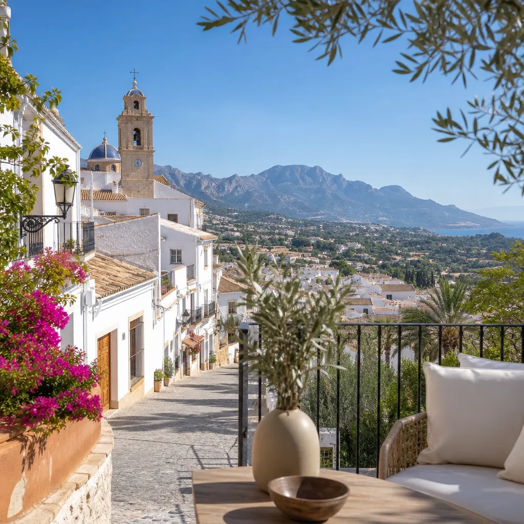 Editorial hero image for a Spanish property content hub article. Topic: Buying Property in La Nucia Pueblo, Spain: A Comprehensive Guide. Region: costa-blanca. Town: la-nucia-pueblo. Elegant Mediterranean real estate lifestyle, bright natural light, no text, no logos.