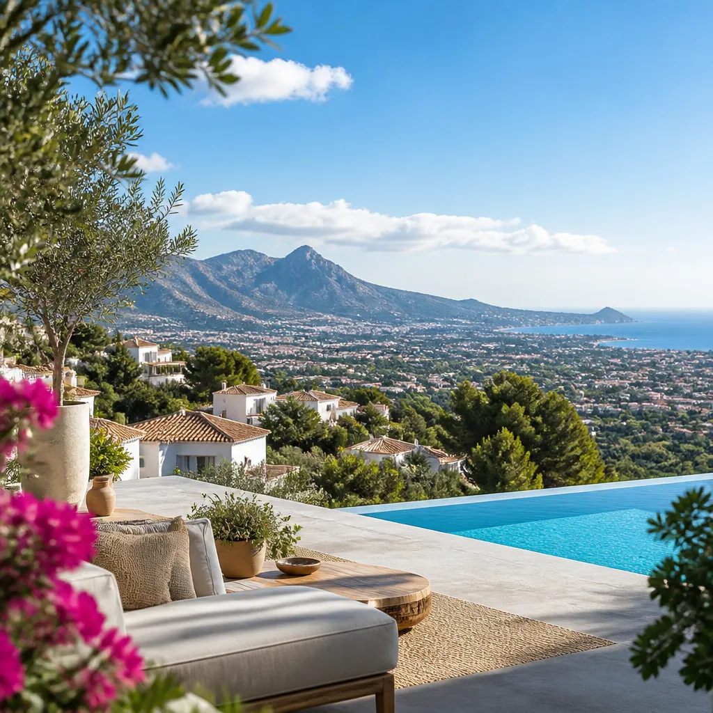 Editorial hero image for a Spanish property content hub article. Topic: A Comprehensive Guide to Buying Property in La Nucia, Spain. Region: costa-blanca. Town: la-nucia. Elegant Mediterranean real estate lifestyle, bright natural light, no text, no logos.