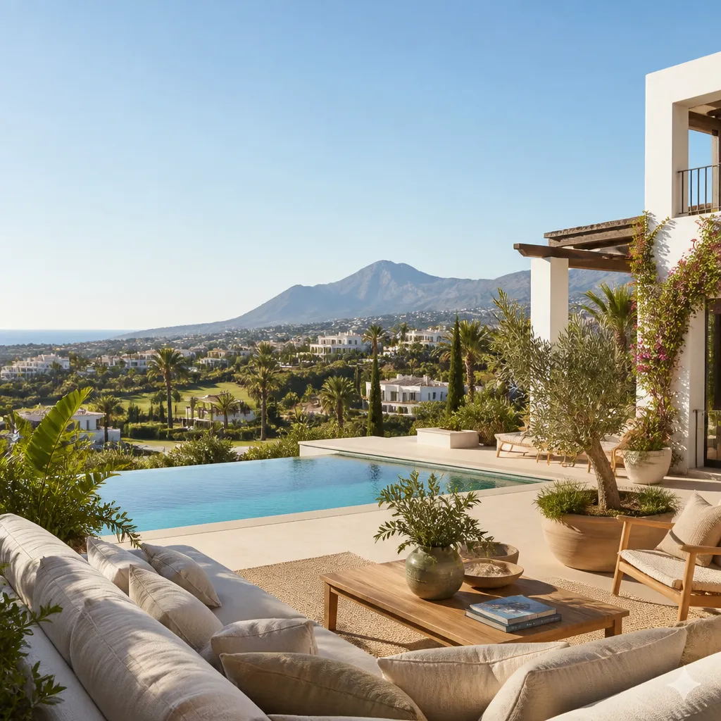 Editorial hero image for a Spanish property content hub article. Topic: Buying Property in La Quinta, Spain: A Comprehensive Guide. Region: costa-del-sol. Town: la-quinta. Elegant Mediterranean real estate lifestyle, bright natural light, no text, no logos.