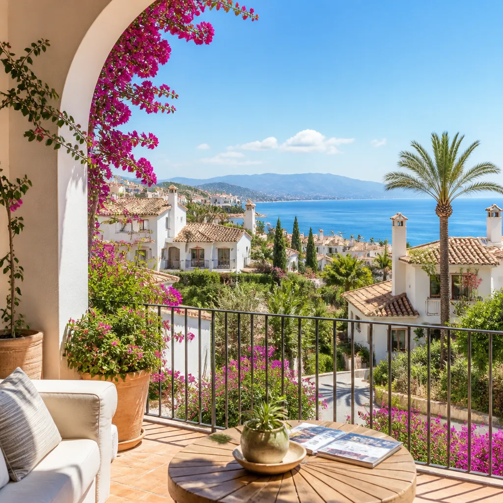 Editorial hero image for a Spanish property content hub article. Topic: A Comprehensive Guide to Buying Property in Los Girasoles, Spain. Town: los-girasoles. Elegant Mediterranean real estate lifestyle, bright natural light, no text, no logos.