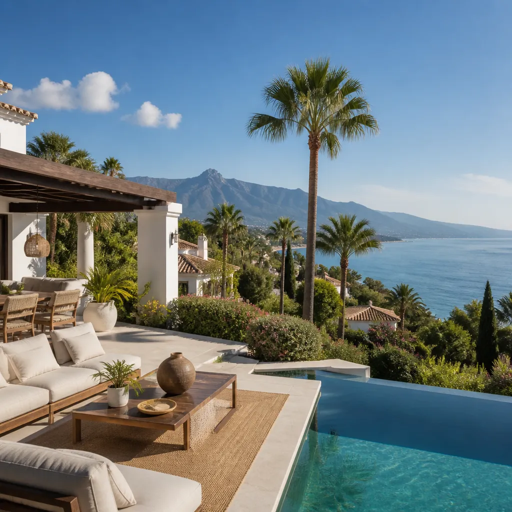 Editorial hero image for a Spanish property content hub article. Topic: Buying Property in Los Monteros, Spain: A Comprehensive Guide. Town: los-monteros. Elegant Mediterranean real estate lifestyle, bright natural light, no text, no logos.