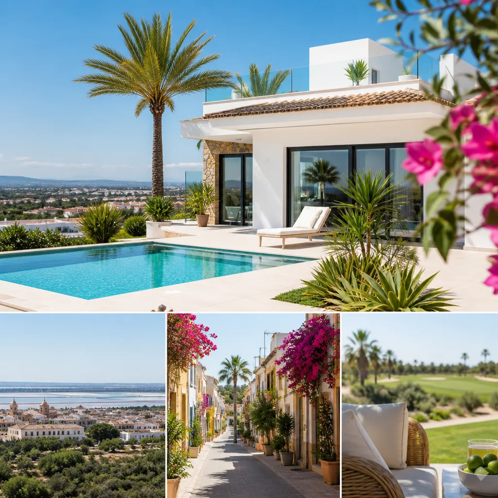 Editorial hero image for a Spanish property content hub article. Topic: A Comprehensive Guide to Buying Property in Los Montesinos, Spain. Region: costa-blanca. Town: los-montesinos. Elegant Mediterranean real estate lifestyle, bright natural light, no text, no logos.