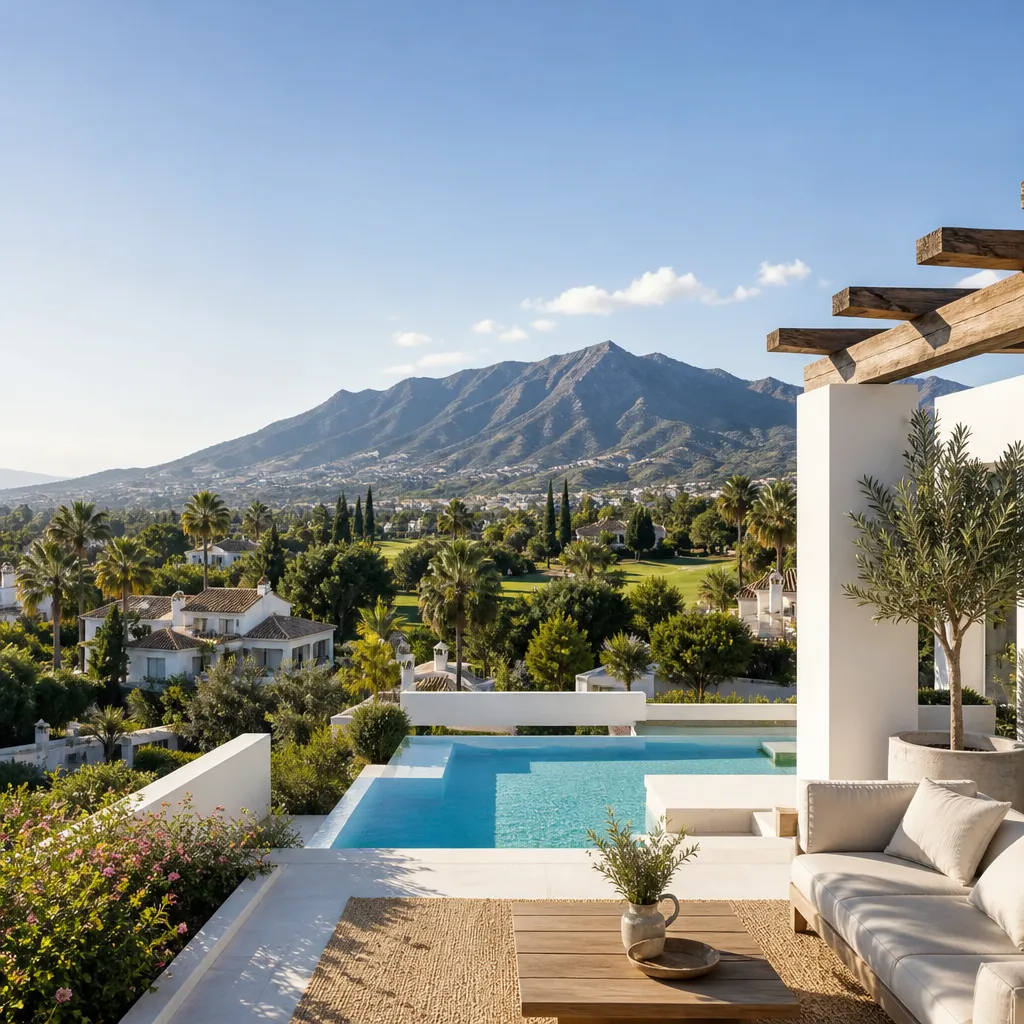 Editorial hero image for a Spanish property content hub article. Topic: Buying Property in Los Naranjos, Spain: A Comprehensive Guide. Town: los-naranjos. Elegant Mediterranean real estate lifestyle, bright natural light, no text, no logos.