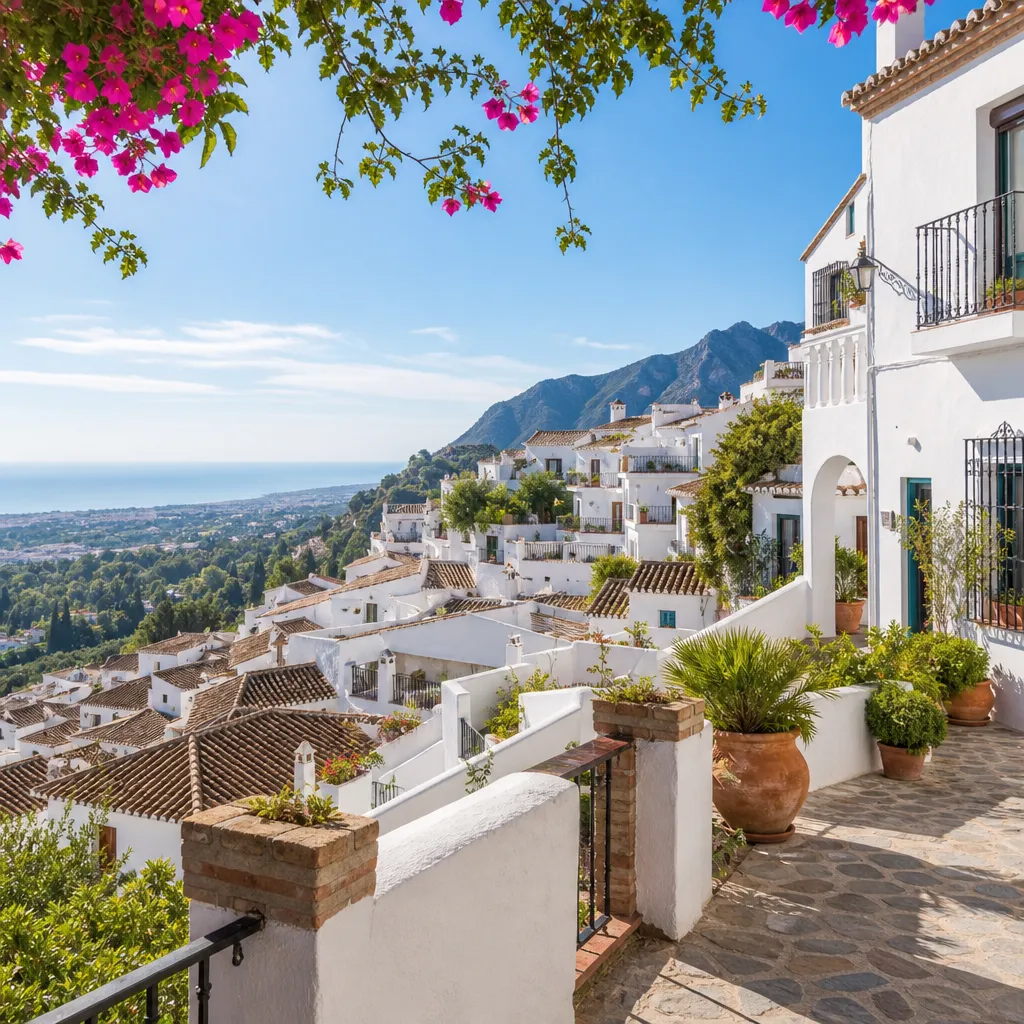 Editorial hero image for a Spanish property content hub article. Topic: Buying Property in Mijas Pueblo, Spain: A Comprehensive Guide. Region: costa-del-sol. Town: mijas-pueblo. Elegant Mediterranean real estate lifestyle, bright natural light, no text, no logos.