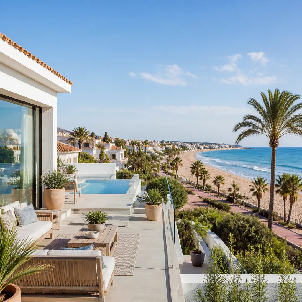 Editorial hero image for a Spanish property content hub article. Topic: Buying Property in Mil Palmeras, Spain: Your Comprehensive Guide. Region: costa-blanca. Town: mil-palmeras. Elegant Mediterranean real estate lifestyle, bright natural light, no text, no logos.
