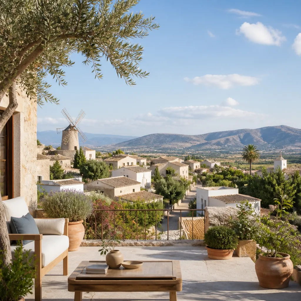 Editorial hero image for a Spanish property content hub article. Topic: Buying Property in Molins Campaneta, San Bartolome, Spain: A Comprehensive Guide. Town: molins-campaneta-san-bartolome. Elegant Mediterranean real estate lifestyle, bright natural light, no text, no logos.