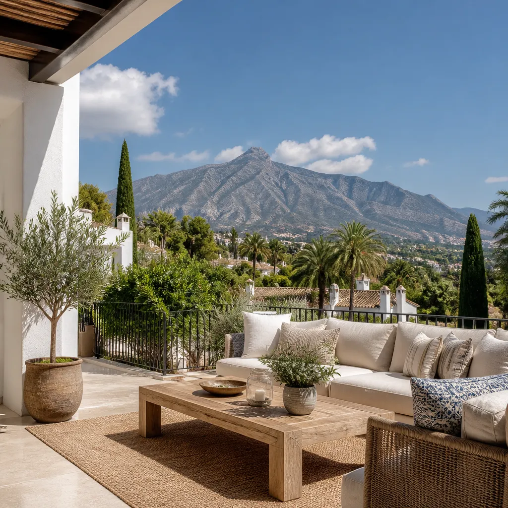 Editorial hero image for a Spanish property content hub article. Topic: Buying Property in Nagüeles, Spain: A Comprehensive Guide. Town: nagueles. Elegant Mediterranean real estate lifestyle, bright natural light, no text, no logos.