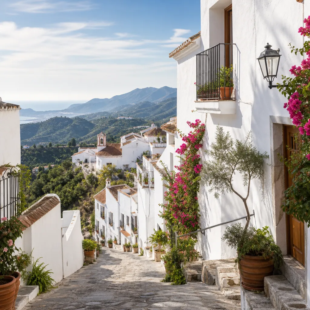 Editorial hero image for a Spanish property content hub article. Topic: Buying Property in Ojen Pueblo, Spain: A Comprehensive Guide. Town: ojen-pueblo. Elegant Mediterranean real estate lifestyle, bright natural light, no text, no logos.