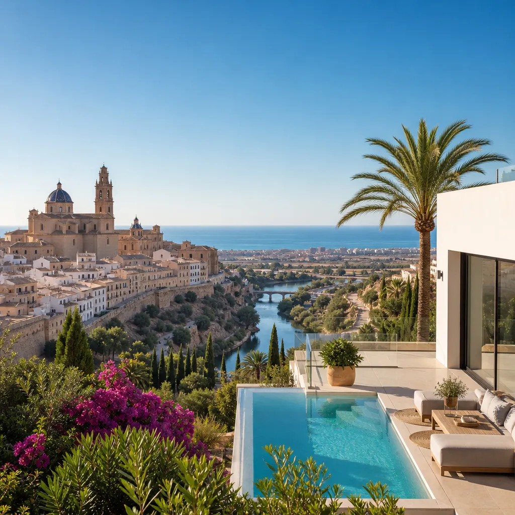 Elegant editorial cover image for Buying property in Orihuela Spain. Focus on orihuela, costa blanca, Spain. Mediterranean coastal town, property lifestyle, premium but natural, no text, no logos. Create a web-optimized cover image suitable for WebP compression and fast page loading.