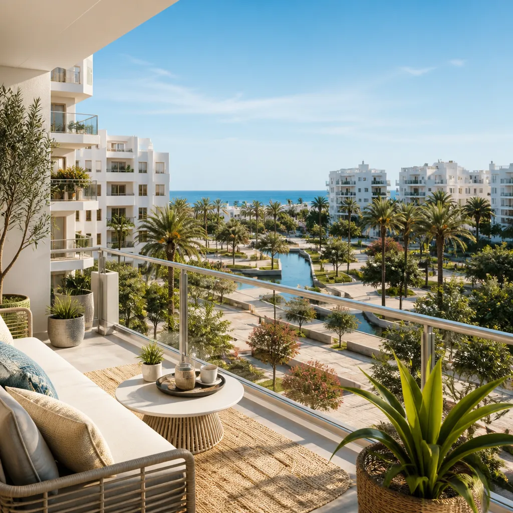 Editorial hero image for a Spanish property content hub article. Topic: Buying Property in Parque De Las Naciones, Spain: A Comprehensive Guide. Town: parque-de-las-naciones. Elegant Mediterranean real estate lifestyle, bright natural light, no text, no logos.