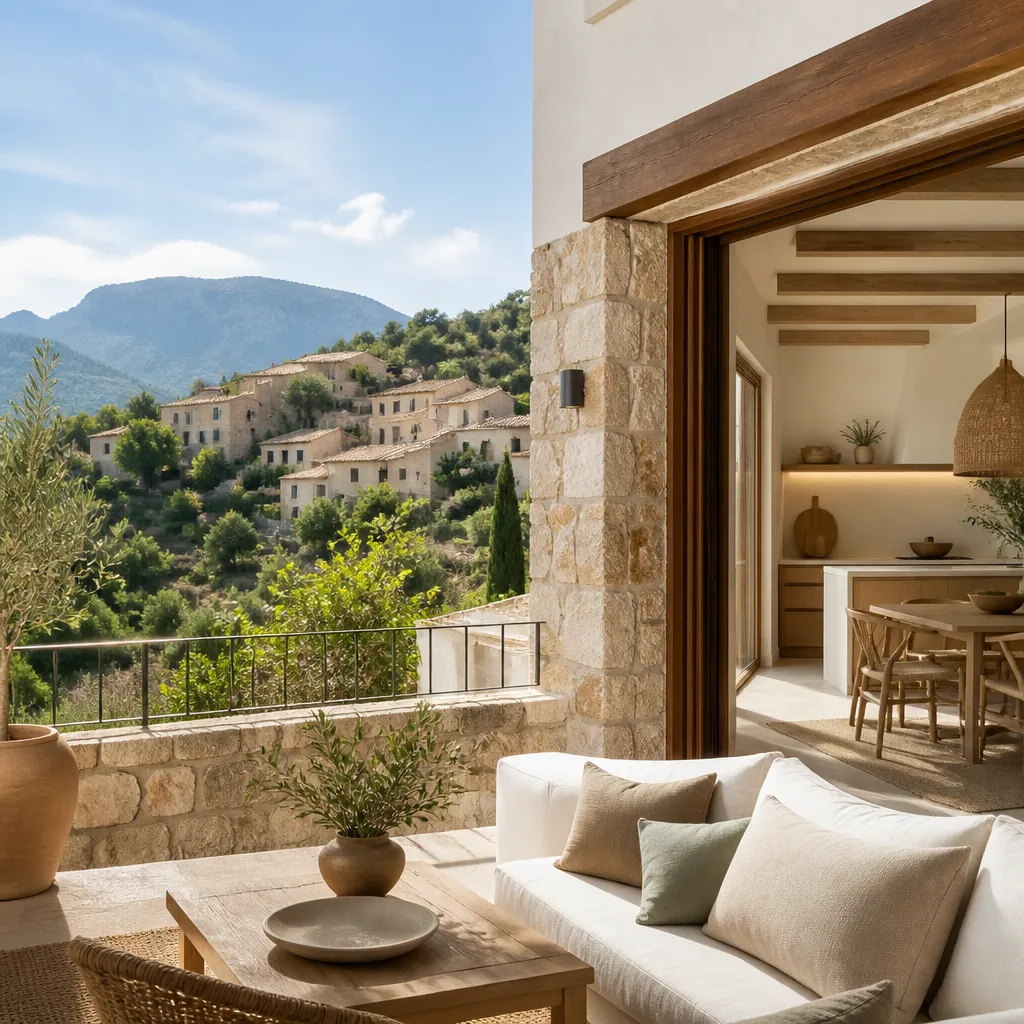 Editorial hero image for a Spanish property content hub article. Topic: Your Guide to Buying Property in Plans Gasparot, Spain. Town: plans-gasparot. Elegant Mediterranean real estate lifestyle, bright natural light, no text, no logos.