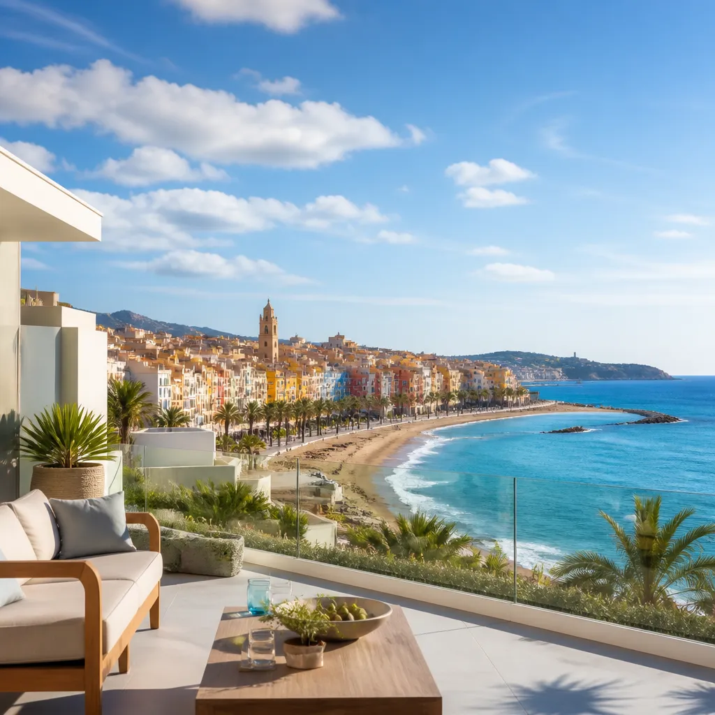 Editorial hero image for a Spanish property content hub article. Topic: Buying Property in Platja Vila Joiosa, Spain: A Comprehensive Guide. Region: costa-blanca. Town: platja-vila-joiosa. Elegant Mediterranean real estate lifestyle, bright natural light, no text, no logos.