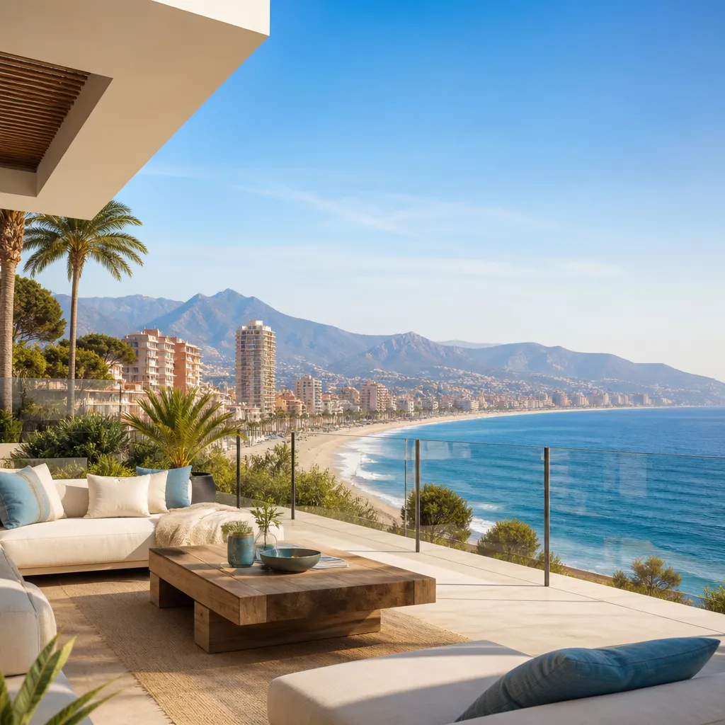 Editorial hero image for a Spanish property content hub article. Topic: Buying Property in Playa De Poniente, Spain: A Comprehensive Guide. Region: costa-del-sol. Town: playa-de-poniente. Elegant Mediterranean real estate lifestyle, bright natural light, no text, no logos.