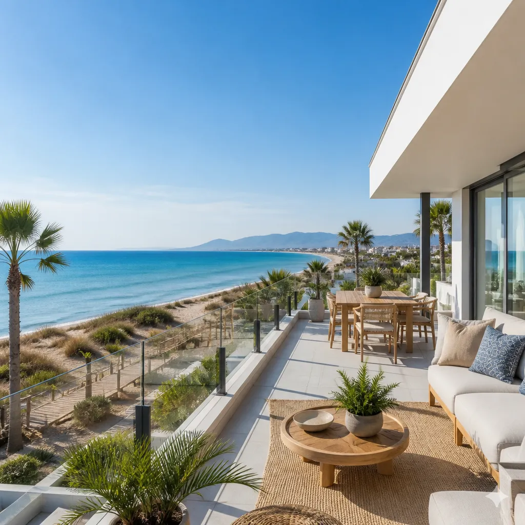 Editorial hero image for a Spanish property content hub article. Topic: Buying Property in Playa Del Esparto Veneziola, Spain: A Comprehensive Guide. Region: costa-blanca. Town: playa-del-esparto-veneziola. Elegant Mediterranean real estate lifestyle, bright natural light, no text, no logos.