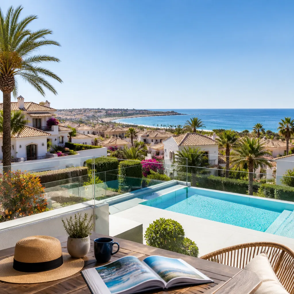 Editorial hero image for a Spanish property content hub article. Topic: Buying Property in Playa Flamenca, Spain: A Comprehensive Guide. Region: costa-blanca. Town: playa-flamenca. Elegant Mediterranean real estate lifestyle, bright natural light, no text, no logos.