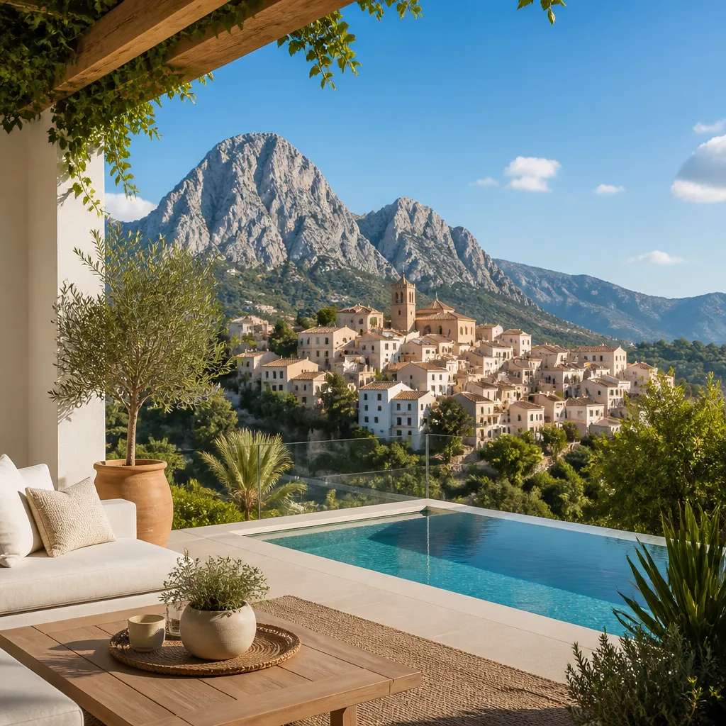 Editorial hero image for a Spanish property content hub article. Topic: Buying Property in Polop, Spain: A Comprehensive Guide. Region: costa-blanca. Town: polop. Elegant Mediterranean real estate lifestyle, bright natural light, no text, no logos.