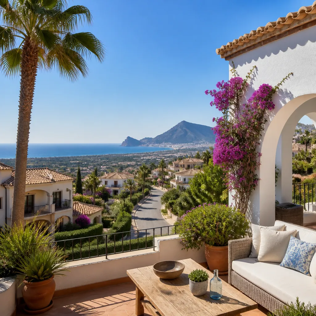 Editorial hero image for a Spanish property content hub article. Topic: Buying Property in Pueblo Bravo, Spain: A Comprehensive Guide. Region: costa-blanca. Town: pueblo-bravo. Elegant Mediterranean real estate lifestyle, bright natural light, no text, no logos.