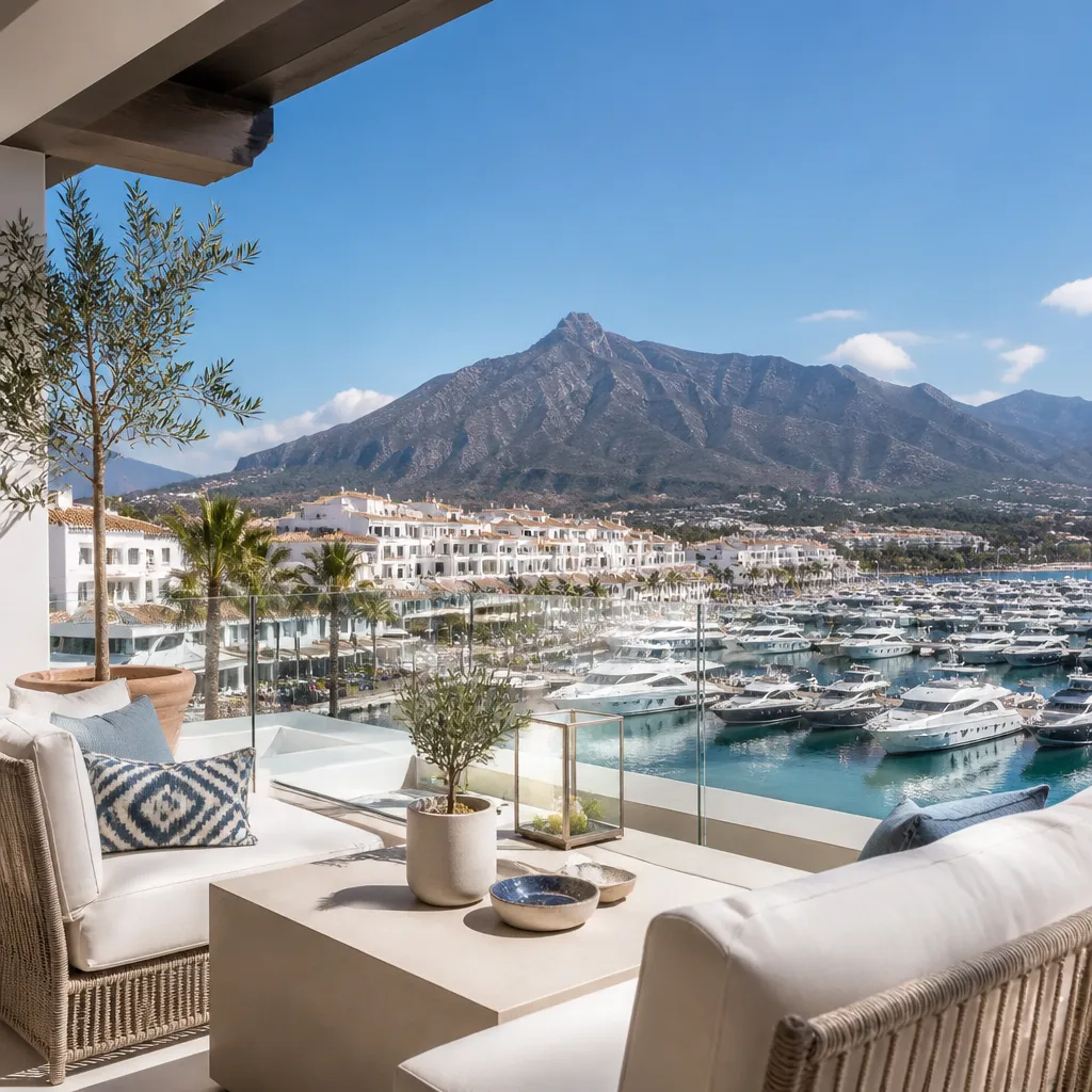Editorial hero image for a Spanish property content hub article. Topic: Buying Property in Puerto Banus, Spain: A Comprehensive Guide. Town: puerto-banus. Elegant Mediterranean real estate lifestyle, bright natural light, no text, no logos.