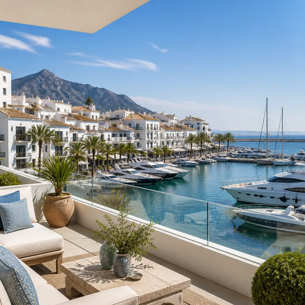 Editorial hero image for a Spanish property content hub article. Topic: Buying Property in Puerto Deportivo, Spain: A Comprehensive Guide. Region: costa-del-sol. Town: puerto-deportivo. Elegant Mediterranean real estate lifestyle, bright natural light, no text, no logos.