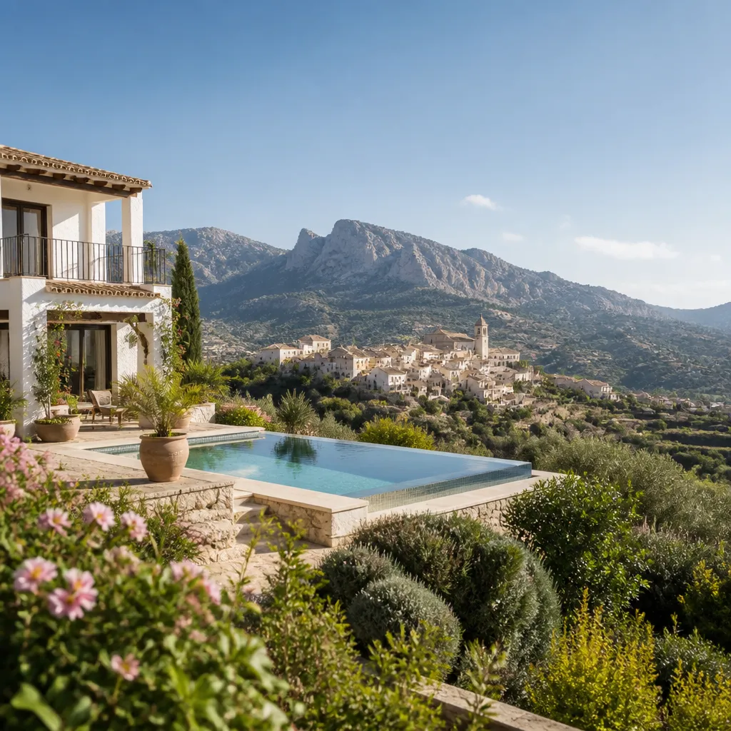 Editorial hero image for a Spanish property content hub article. Topic: Buying Property in Relleu, Spain: A Comprehensive Guide. Region: costa-blanca. Town: relleu. Elegant Mediterranean real estate lifestyle, bright natural light, no text, no logos.