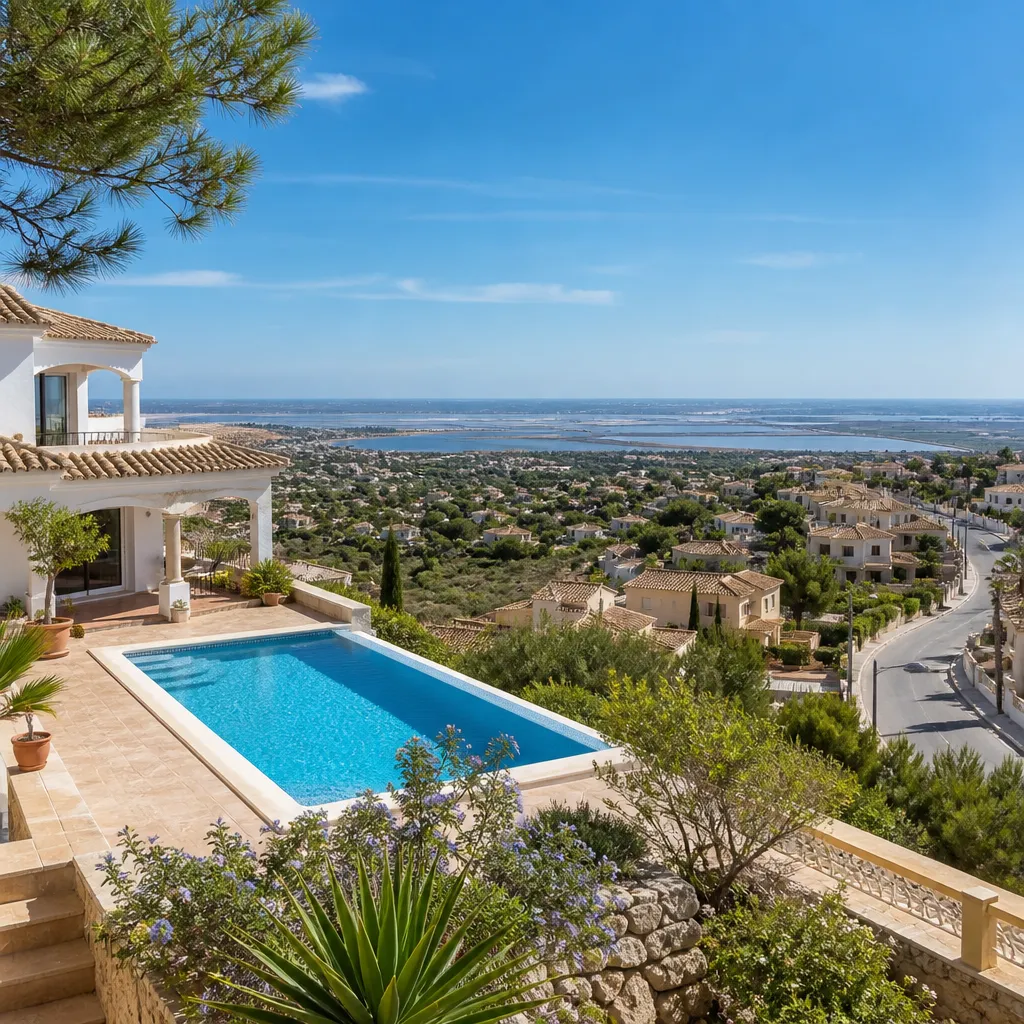 Editorial hero image for a Spanish property content hub article. Topic: Buying Property in San Miguel De Salinas, Spain: A Comprehensive Guide. Region: costa-blanca. Town: san-miguel-de-salinas. Elegant Mediterranean real estate lifestyle, bright natural light, no text, no logos.