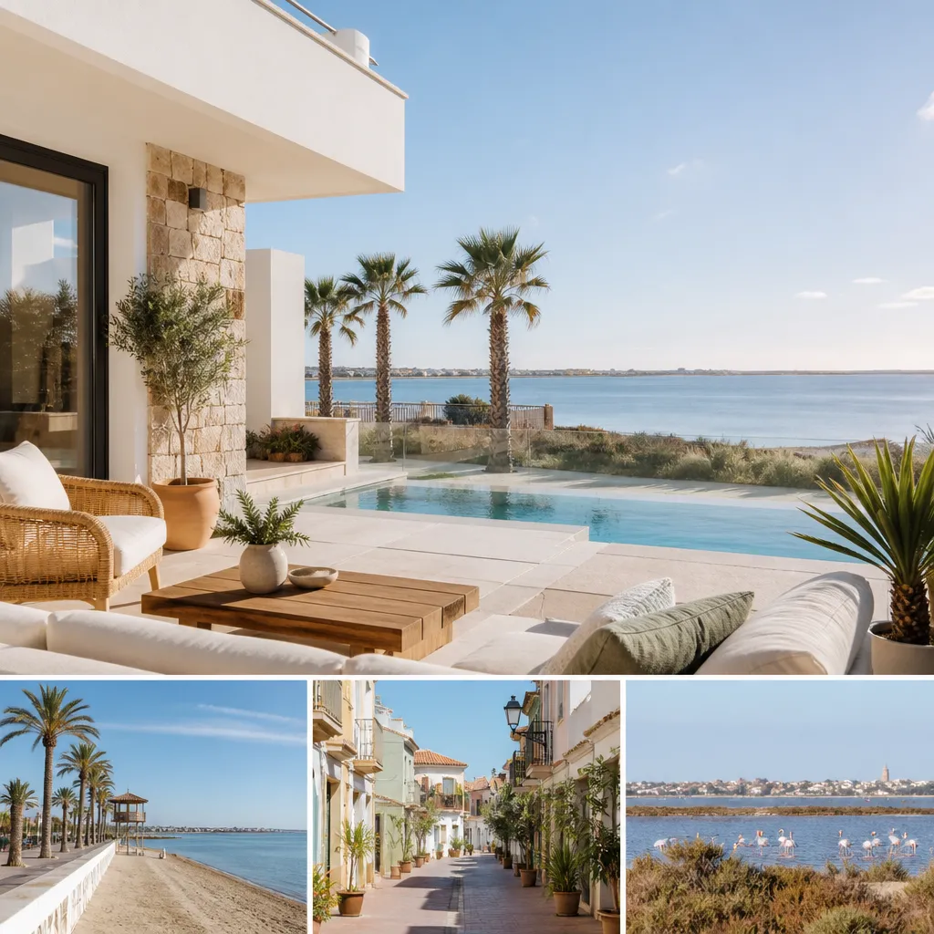 Editorial hero image for a Spanish property content hub article. Topic: Buying Property in San Pedro Del Pinatar, Spain: Your Complete Guide. Town: san-pedro-del-pinatar. Elegant Mediterranean real estate lifestyle, bright natural light, no text, no logos.
