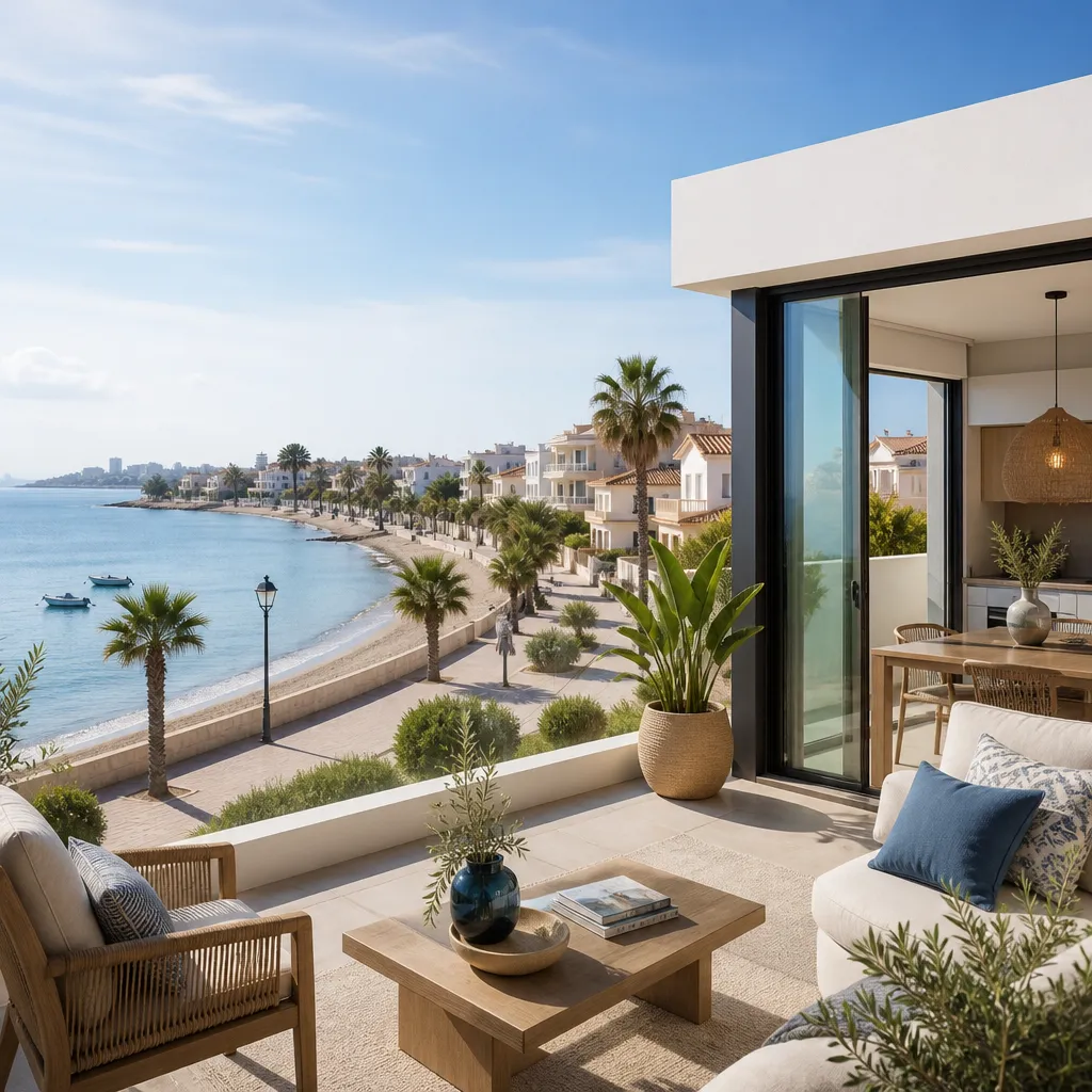 Editorial hero image for a Spanish property content hub article. Topic: Your Guide to Buying Property in Santiago De La Ribera, Spain. Region: costa-blanca. Town: santiago-de-la-ribera. Elegant Mediterranean real estate lifestyle, bright natural light, no text, no logos.