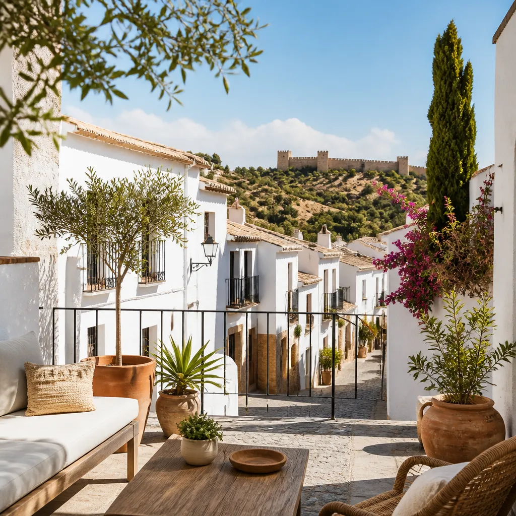 Editorial hero image for a Spanish property content hub article. Topic: A Comprehensive Guide to Buying Property in Santo Domingo, Spain. Town: santo-domingo. Elegant Mediterranean real estate lifestyle, bright natural light, no text, no logos.
