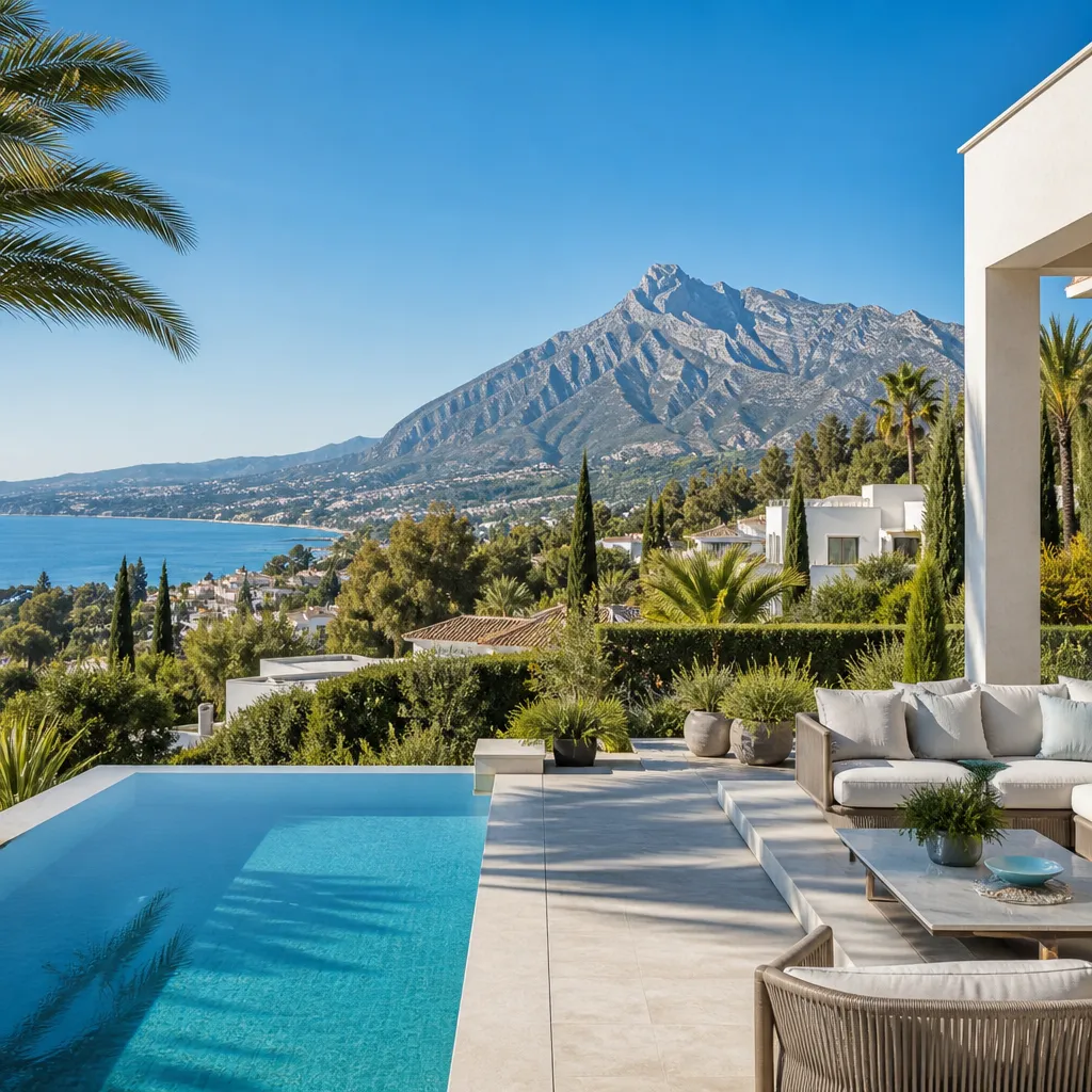 Editorial hero image for a Spanish property content hub article. Topic: Buying Property in Sierra Blanca, Spain: A Comprehensive Guide. Region: costa-del-sol. Town: sierra-blanca. Elegant Mediterranean real estate lifestyle, bright natural light, no text, no logos.