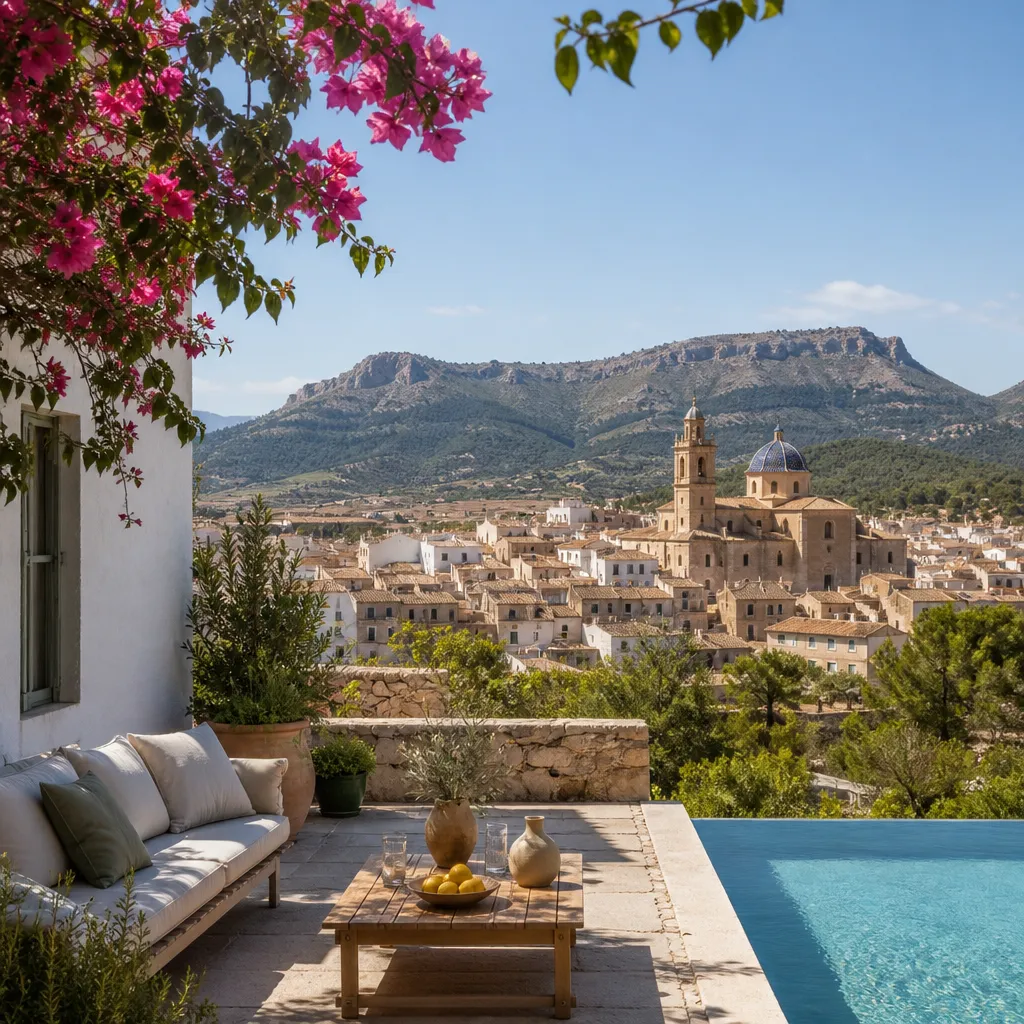 Editorial hero image for a Spanish property content hub article. Topic: A Comprehensive Guide to Buying Property in Yecla, Spain. Town: yecla. Elegant Mediterranean real estate lifestyle, bright natural light, no text, no logos.