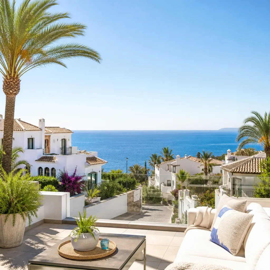Editorial hero image for a Spanish property content hub article. Topic: Buying Property in Zona Los Frutales, Spain: A Comprehensive Guide. Town: zona-los-frutales. Elegant Mediterranean real estate lifestyle, bright natural light, no text, no logos.